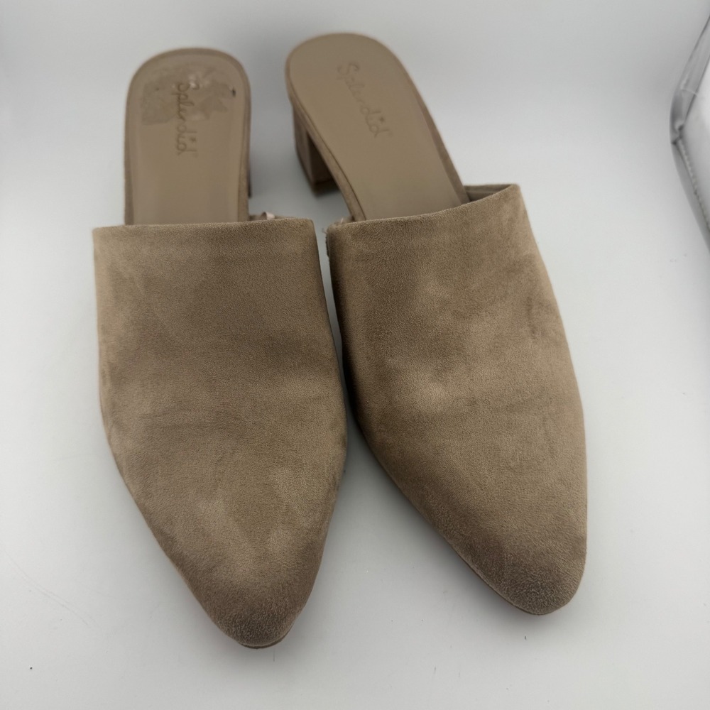 Splendid Laylai Mules 8.5 Taupe‎ Faux Suede Pointed Toe Block Heel (1906)